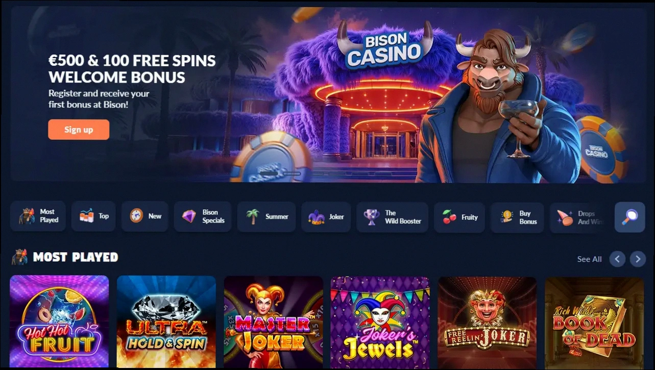 Bison Casino welkomstbonus 100% tot €500 + 100 Gratis Spins